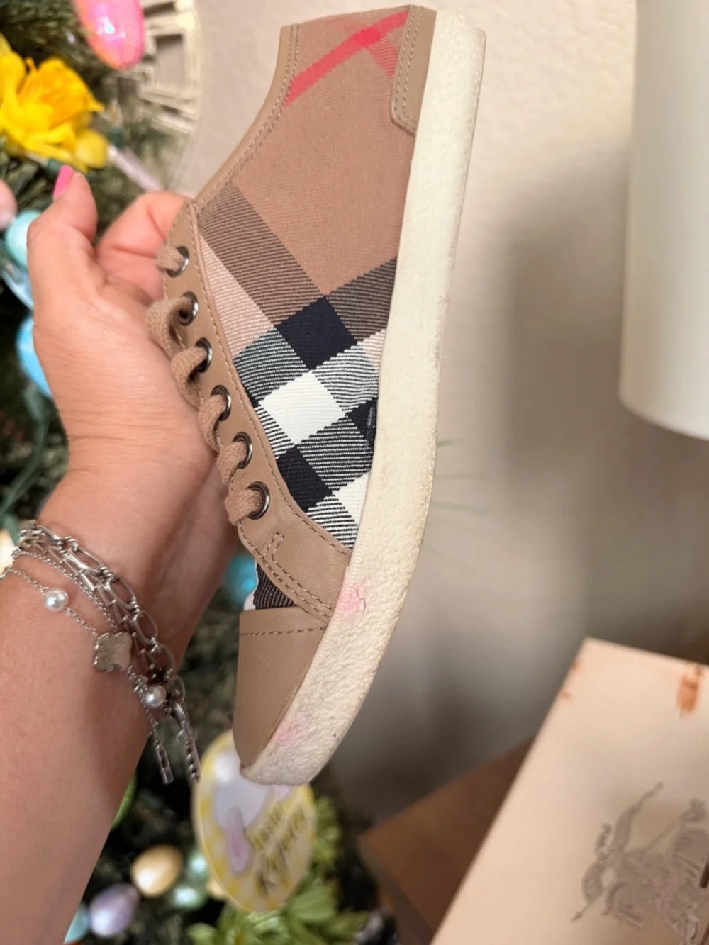 Burberry Tan Plaid Low-Top Sneakers - Picture 7 of 8